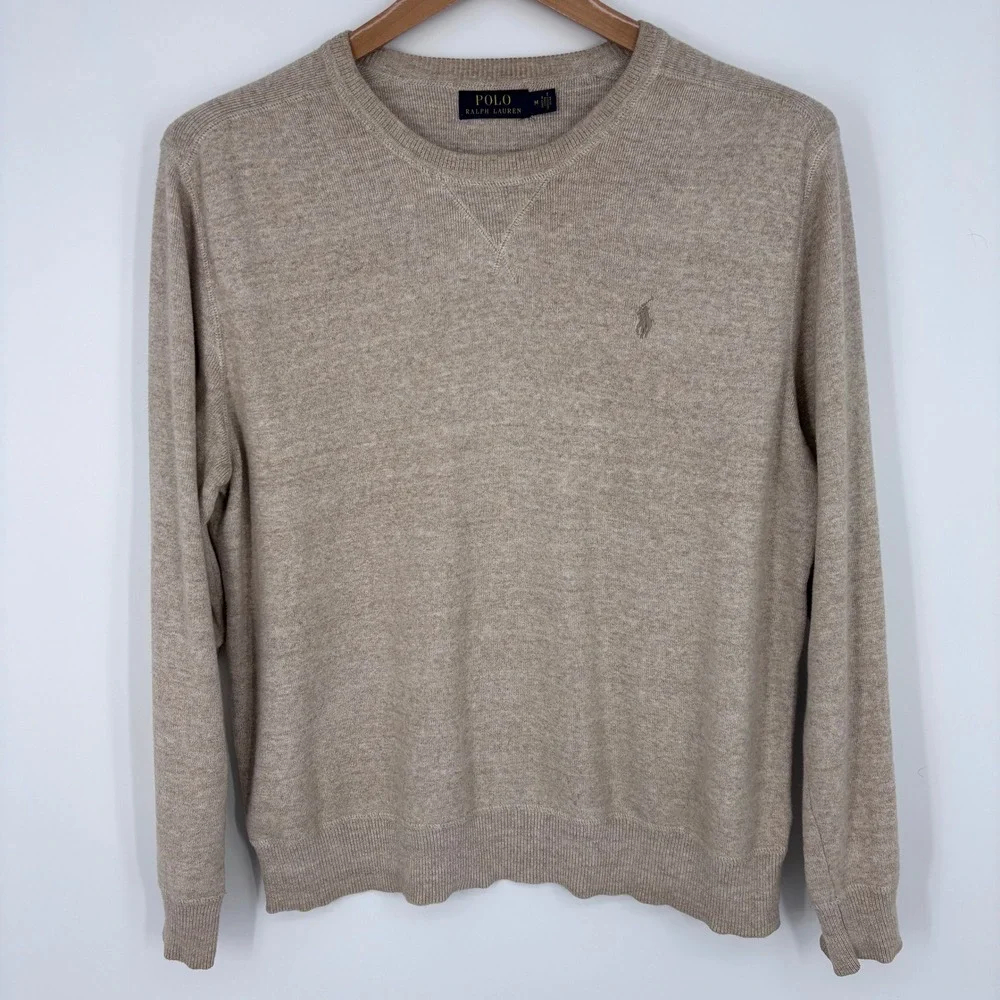 Polo Ralph Lauren Cotton Crewneck Sweater Mens Medium Tan Heather Pony Pullover